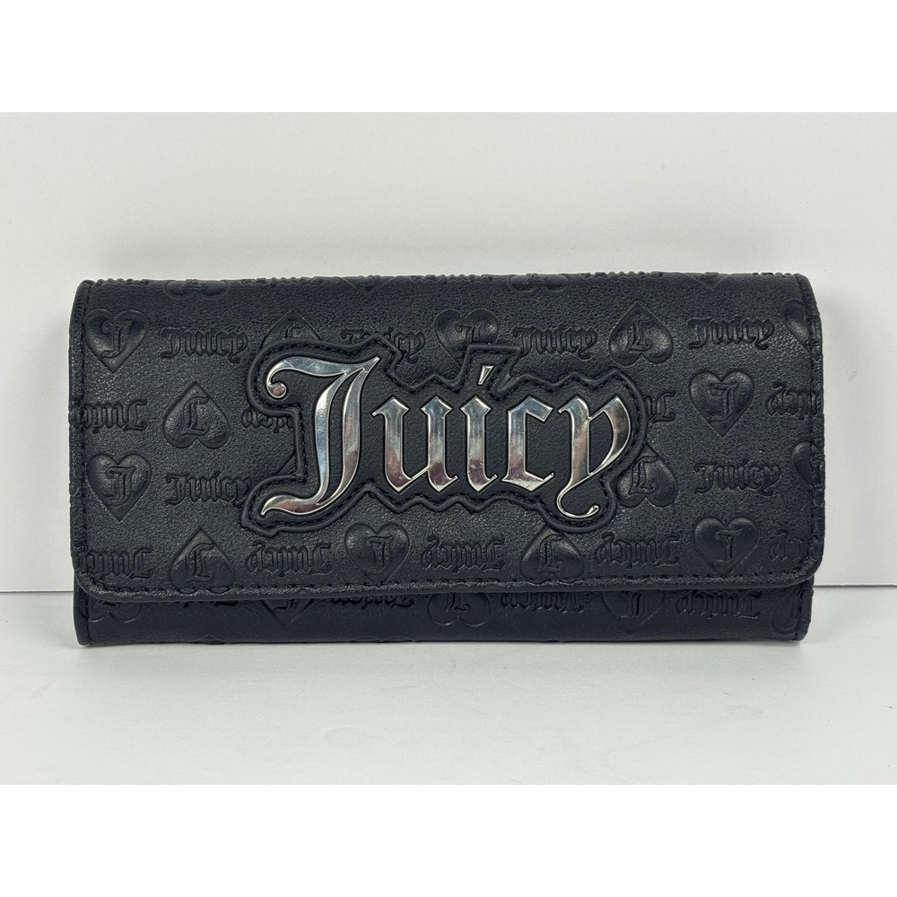 Juicy Couture Black Embossed Heart Logo Flap Wallet Silver Gothic Nameplate Y2K